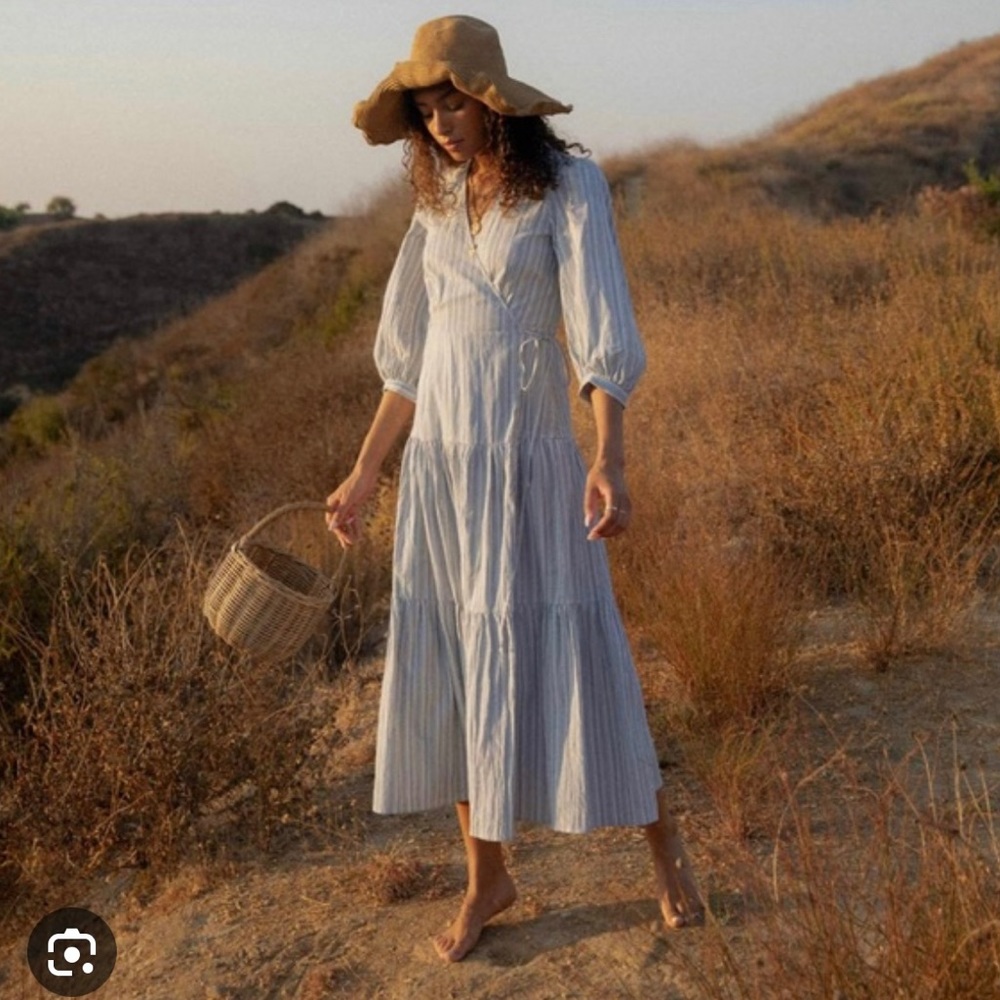 Christy Dawn Noah Blue Stripe Puff Sleeve Wrap Maxi Dress Women's Size M